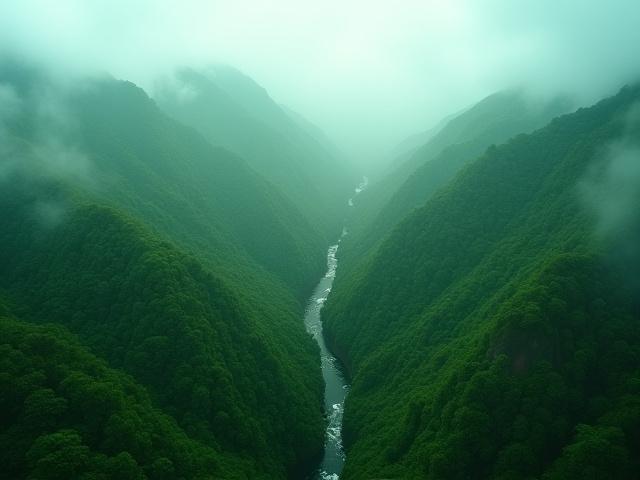 Densa selva tropical vista desde el aire con neblina y ríos serpenteantes