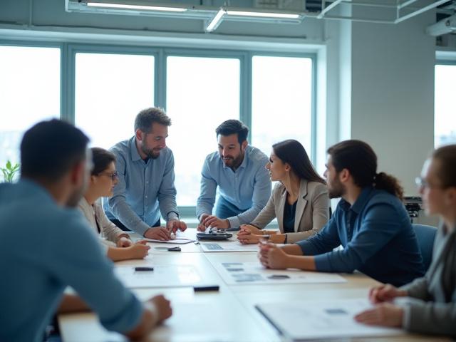 Equipo de profesionales en una oficina moderna, trabajando colaborativamente